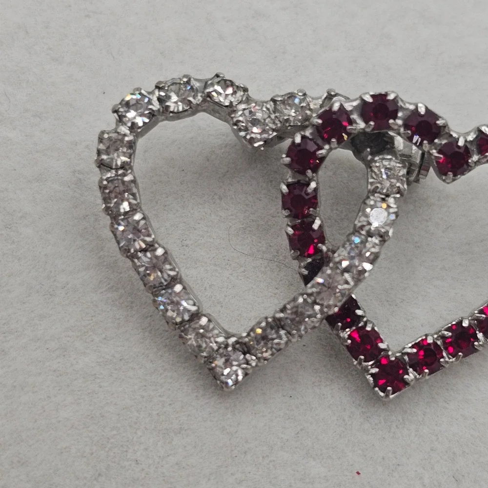 Rhinestone Double Heart Brooch Red Clear Silver Tone Pin Interlocking